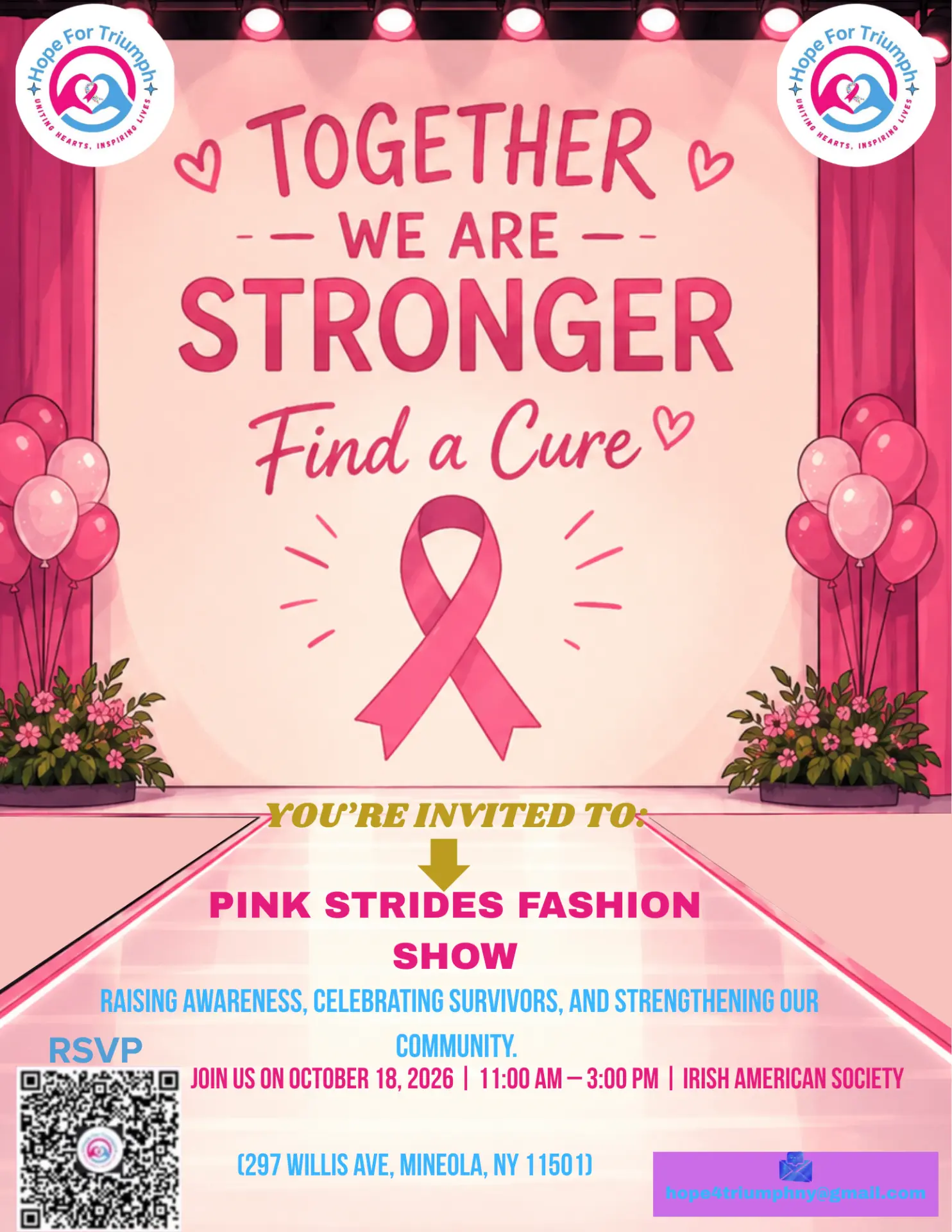 Pink Stride Fashion Show flyer: October 18, 2026, 11:00 AM to 3:00 PM, Irish American Society, 297 Willis Ave, Mineola, NY 11501